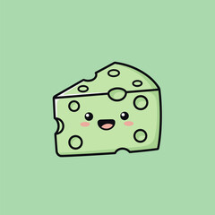 Cute Cheese Slice with Smiling Face on Green Background.