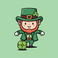 Cartoon Leprechaun Playing Soccer with Clover Hat and Green Outfit.