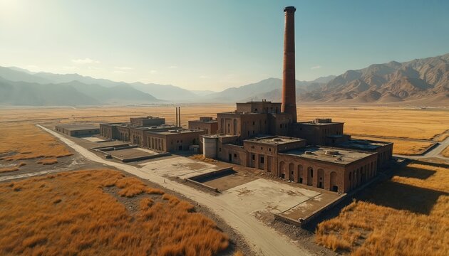 Vast abandoned brick factory with tall smokestack in dry grassy field. Crumbling industrial site lies in remote valley near arid mountains under clear sky.