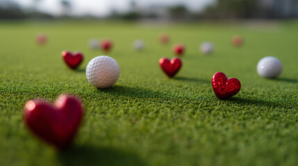 Golf Valentine Theme with Hearts on Green and Romantic Sports Concept