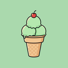 Cartoon Ice Cream Cone with Mint Flavor and Cherry Topping.