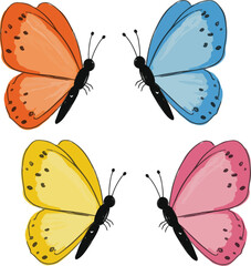 Set of colorful vector swallowtail butterflies with vibrant yellow, orange, blue, and red wings isolated on white background for a beautiful nature collection of summer insects