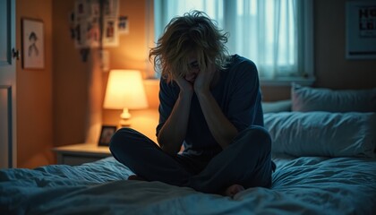 Obraz premium Young man sits on bed, head in hands, feeling sad and stressed. Dimly lit bedroom interior. Indoor scene shows isolation and despair. He looks troubled and overwhelmed.