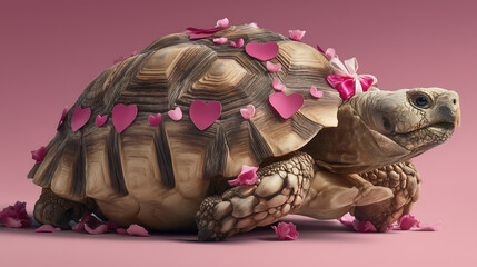 Turtle Valentine Concept with Cute Animal and Heart Decorations