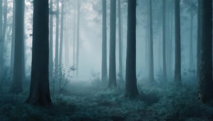 Obraz premium Mysterious Foggy Forest with Tall Trees and Ethereal Light.