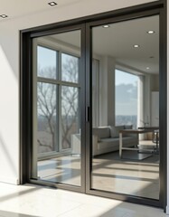Fototapeta premium Modern aluminum framed sliding glass doors open to reveal bright living room. Large windows offer panoramic view of bare trees and city skyline. Interior space includes sofa and desk.