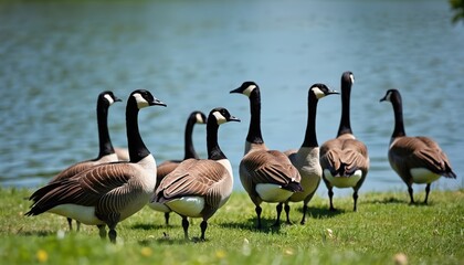 Group of Canada geese gather near bright blue water. Birds stand on green grass meadow with yellow flowers. Wildfowl rest on sunny day by lake shore. Fauna watches surroundings alertly. Geese profile
