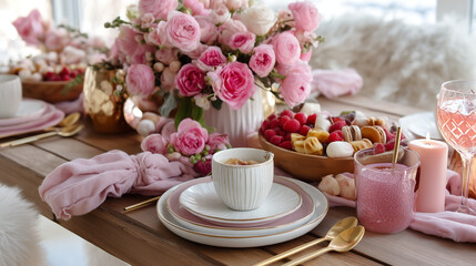 Valentines Brunch Table with Pink Decor, Flowers, and Festive Dishes