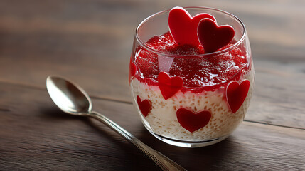 Valentine Pudding Dessert in Glass Cup with Heart Decorations