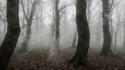 Fototapeta premium Mysterious foggy woodland scene with dark bare trees.