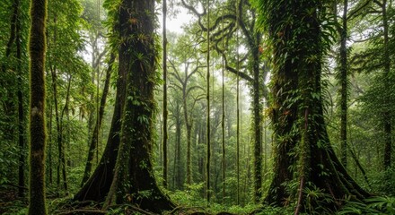 Obraz premium Two large, green, leafy trees with intricate vine growth in a dense, lush forest setting, with a misty, foggy atmosphere, under a clear, bright sky.