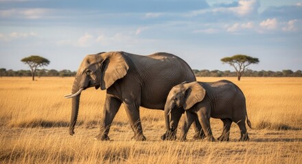 Fototapeta premium A mother elephant and her calf walking through a grassy savannah with a backdrop of trees and a clear blue sky.