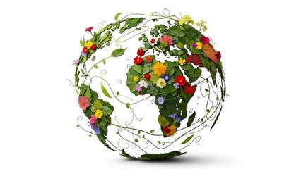 A vibrant globe made of lush green leaves and colorful flowers, symbolizing environmental protection and global nature on a white background.