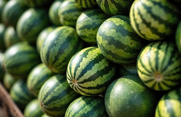 Pile of fresh ripe watermelons stacked high. Green striped melons ready for sale at market. Summer fruit harvest for sale. Juicy healthy food.