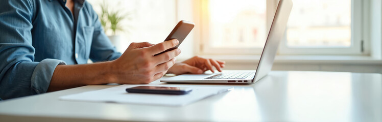 Young man uses smartphone and laptop at desk. Person types on computer, holds mobile phone. Office worker checks messages, works on laptop, connects digitally.
