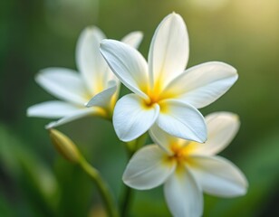 Fototapeta premium White plumeria flowers bloom with yellow centers. Delicate petals unfurl on green leafy background. Tropical plant with strong sweet fragrance.