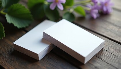 Two stacks of blank white business cards rest on a rustic wooden table with soft focus green leaves and purple flowers in the background. Perfect for graphic design mockups and branding presentations.