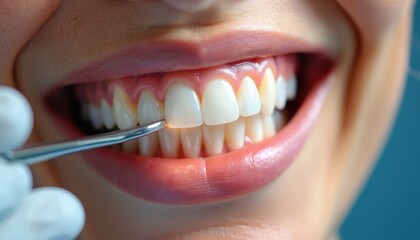 Dentist examines perfect white teeth, focusing on gum line with probe. Patient shows healthy smile, oral hygiene check for cosmetic dental repair. Teeth whitening, veneer, bonding procedure.
