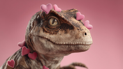 Dinosaur Valentine Concept with Cute Prehistoric Character and Hearts