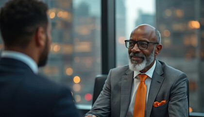 Two businessmen in suits talk in modern office with city view. One man wears glasses and smiles, other faces away. They discuss business finance strategy during indoor meeting at corporate skyscraper.