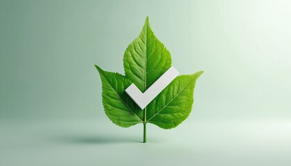 Green leaf with checkmark represents eco friendly and sustainable practices approval. Natural plant signifies clean energy growth and responsible living, organic purity life concept.