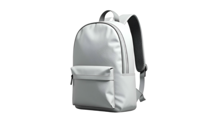 Rendered image of a white backpack with straps, a front pocket, and a top handle on black