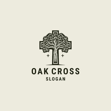 Oak cross logo design template vector illustration