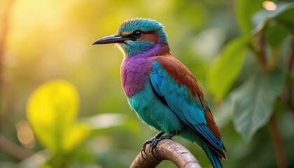 Obraz premium Colorful Indian roller bird sits on branch in sunlit jungle. Vibrant plumage shows teal blue green purple brown. Wild creature perches calmly on wood.