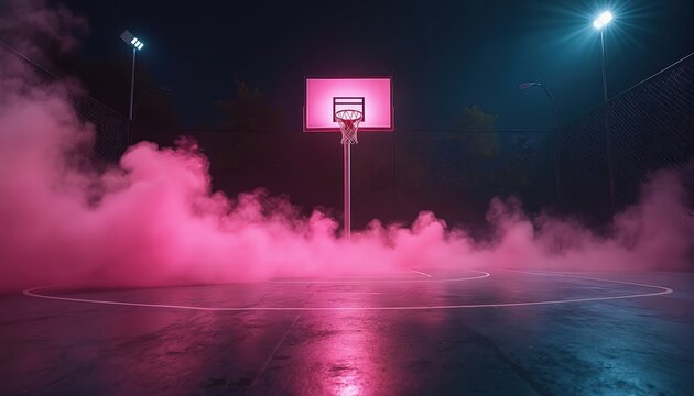 Basketball hoop on empty court at night with pink smoke, bright spotlights. Court lines glow with neon light. Urban sports arena scene with atmospheric lighting, fog effects. Dynamic, energetic vibe.
