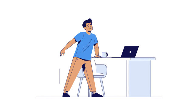 Businessman Stretching Near Desk With Laptop and Coffee Cup at Home Office Setup or Workplace