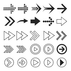 Collection Of Black And White Arrow Icons And Play Buttons symbol direction