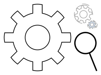 Optimization, process development, analysis, engineering, troubleshooting, operational efficiency. Black-and-white gear with magnifying glass and small secondary gear set. Optimization and process