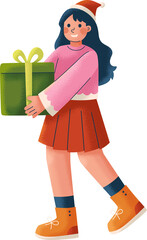 Young Happy Girl Carrying Christmas Present Illustration