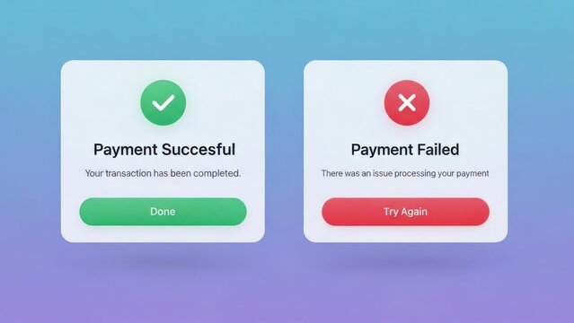 User interface showcasing successful and failed payment messages with respective action buttons