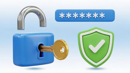 Digital security concept with padlock, key, hidden password, and shield for online protection