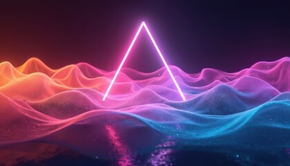 Bright neon triangle hovers over abstract wavy landscape. Vibrant pink purple and orange waves glow with soft light. Futuristic digital art creates deep space portal illusion.