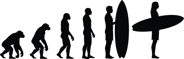 Human evolution silhouettes concept showing ape to modern surfer lifestyle progression isolated black vector illustration for sport culture design