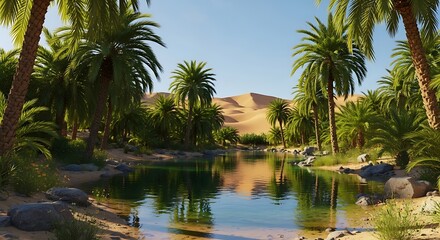 Fototapeta premium Oasis in the Desert with Palm Trees and Calm Water Reflecting the Sky and Dunes.