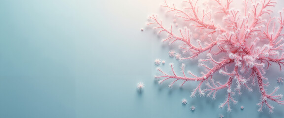 Pink snowflake on soft blue background with subtle shadows  