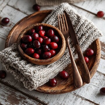 Eine Luftaufnahme einer rustikalen Weihnachtstafel mit Holztellern, gestrickten Servietten, bronzenem Besteck und Preiselbeeren vor einem wei&szlig; lackierten Tisch mit geringer Sch&auml;rfentiefe.