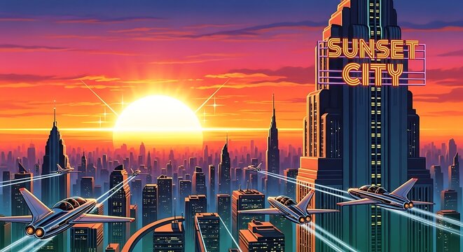 Retro Sunset Cityscape Pixel Art with Flying Planes and Vibrant Sky.