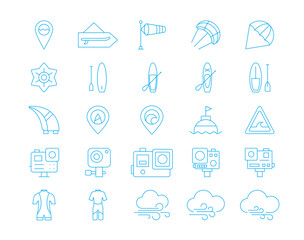 Surfing equipment icons collection. Surfing line icons set. Simple vector icon in modern thin line style. Vector illustration