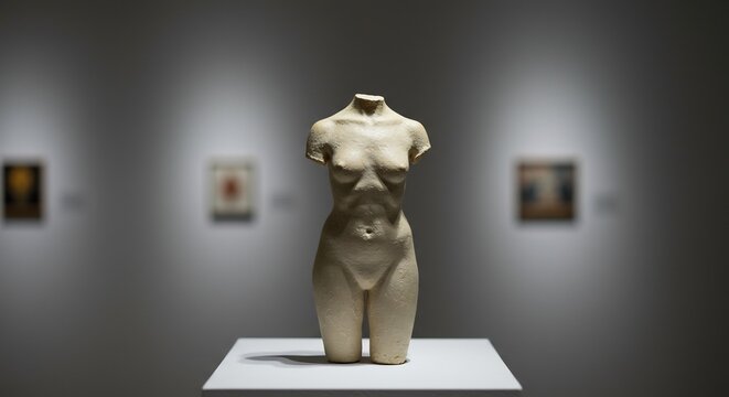 Sculpture of a torso stands in a gallery lit by spotlights Paintings hang on the wall in the background