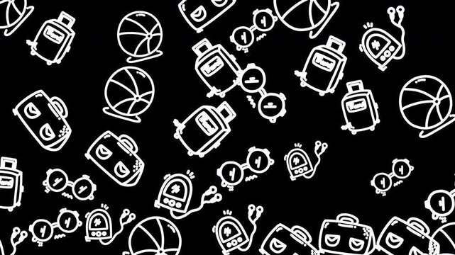 Abstract Black and White Travel Icons Seamless Loop Background.