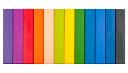 Vertical, colorful, rectangular wooden blocks arranged in a rainbow spectrum