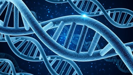 Abstract 3D Render of Blue DNA Double Helix Structures with Glowing Particles and Dark Blue