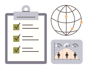 Checklist with ticked tasks, globe connecting points, and statistical chart with people. Ideal for organization, analytics, reports, teamwork, planning global reach productivity. Simple flat