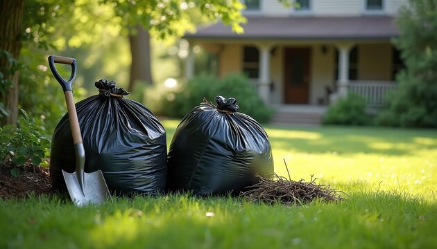 Two full black garbage bags and a shovel stand on a green lawn near a house. Garden debris like twigs lies beside the bags. Yard work is complete. Outdoor cleanup is done.
