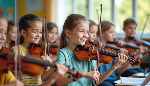 Diverse young kids play violins in music class. Children smile, learn string instruments, practice together in school. Elementary students develop creative skills, enjoy orchestral teamwork, make
