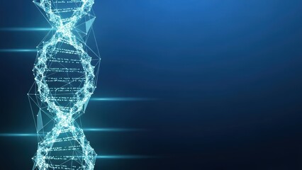 Abstract DNA double helix structure on a futuristic glowing blue background, representing genetics and biotechnology innovation